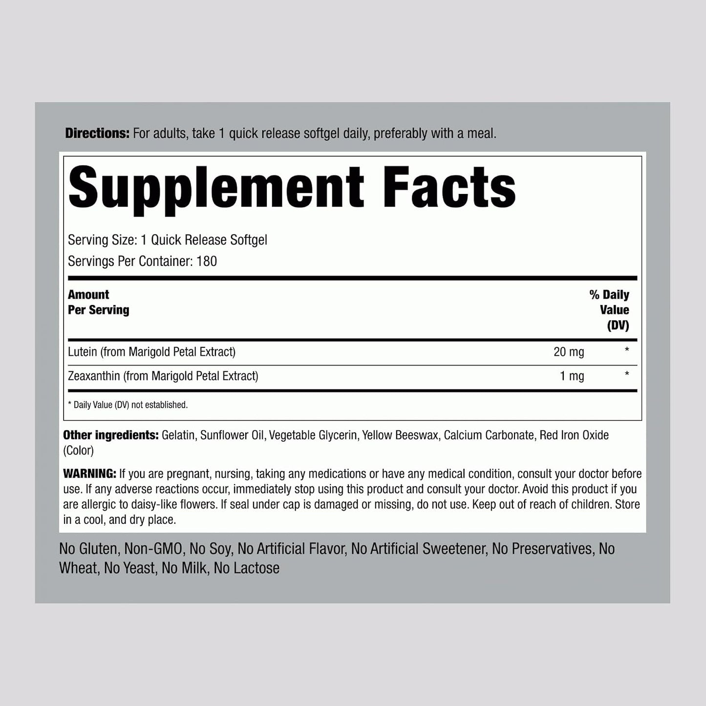 Piping Rock Lutein and Zeaxanthin Supplement | 20mg | 180 Softgels | from Marigold Extract | Non-GMO, Gluten Free