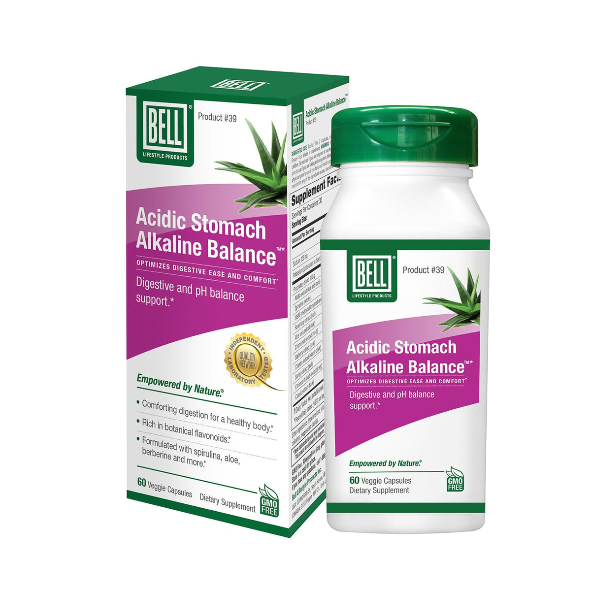 Bell Acidic Stomach Alkaline Balance supplement bottle and packaging on a white background