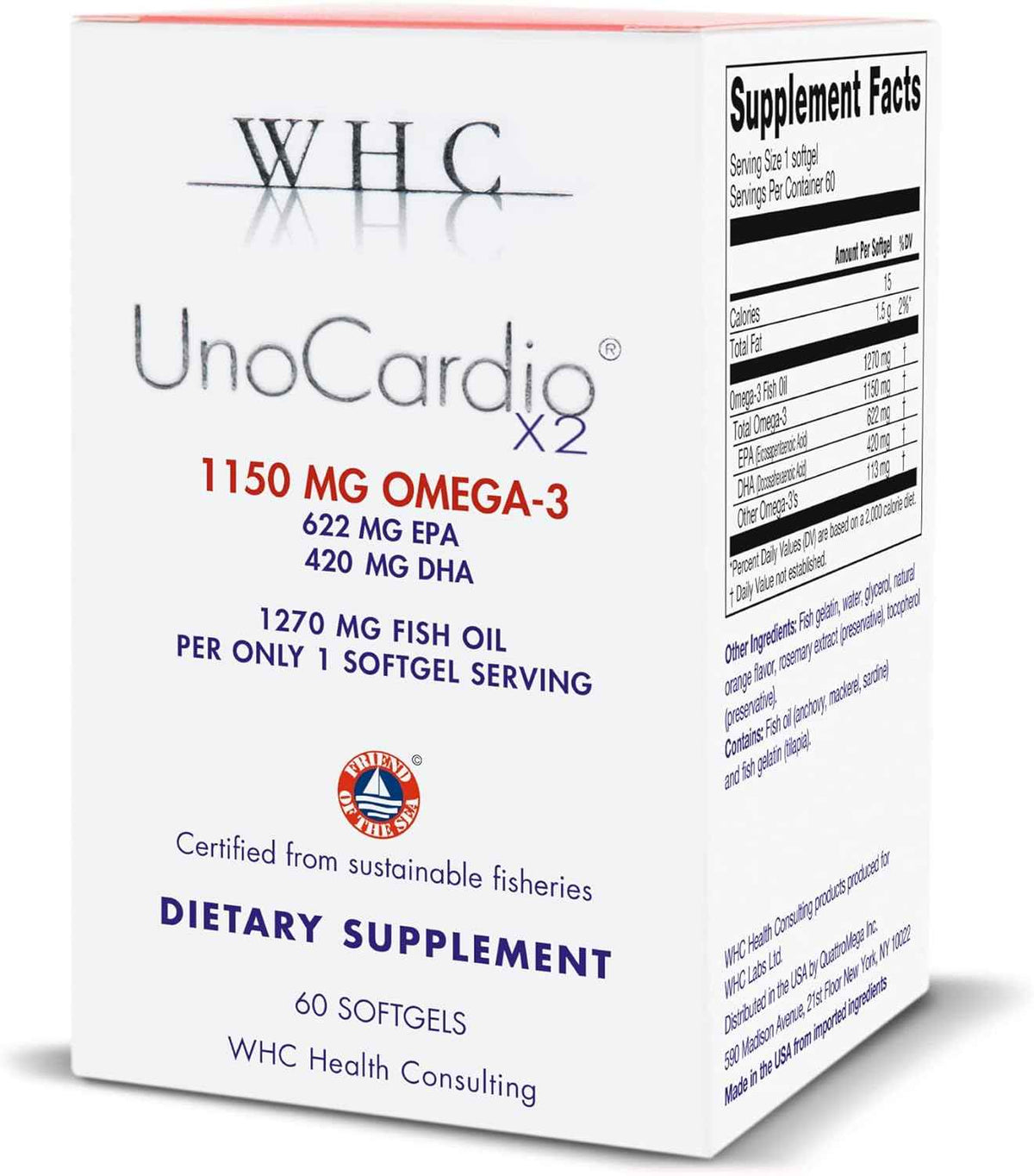 WHC, UnoCardio X2 Fish Oil, Triglyceride Omega-3 Fatty acids, 1270 mg Fish Oil Supplement (622 mg EPA / 420 mg DHA/Total 1150 mg of Omega-3 per Serving), Natural Orange, 60 softgels
