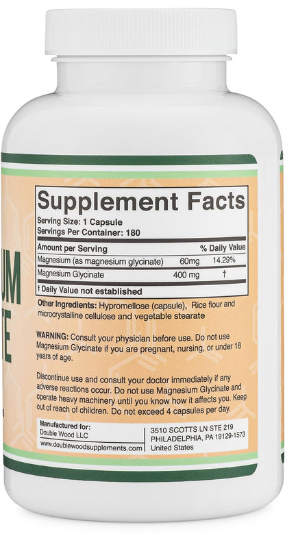 Magnesium Glycinate 400mg | 180 Capsules | Sleep, Muscle, & Heart Support | Vegan, Third Party Tested, Gluten Free, Non-GMO, by Double Wood Supplements Double Wood Supplements buy supplements Au