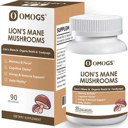 OMOGS Mushroom Complex Supplement Capsules 10:1 Extract, Lions Mane Supplement with Cordyceps, Reishi, for Brain Health, Memory Support, Focus & Immune System