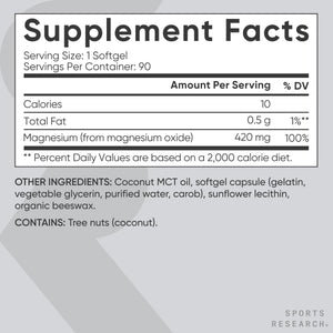 Sports Research® Magnesium Oxide 420mg with Coconut MCT Oil - Magnesium Supplement for Muscle, Nerve, and Bone Support* - Gluten-Free, Non-GMO - 90 Softgels Sports Research buy supplements Au