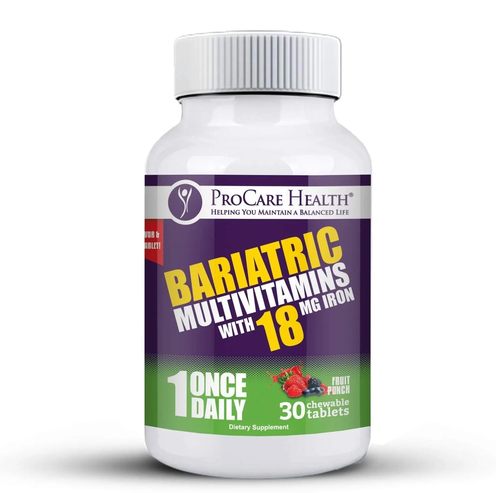 ProCare Health Bariatric Chewable Multivitamin with Iron 18mg (30 Tablets) - Fruit Punch Flavor Bariatric Multivitamin Chewable ProCare Health