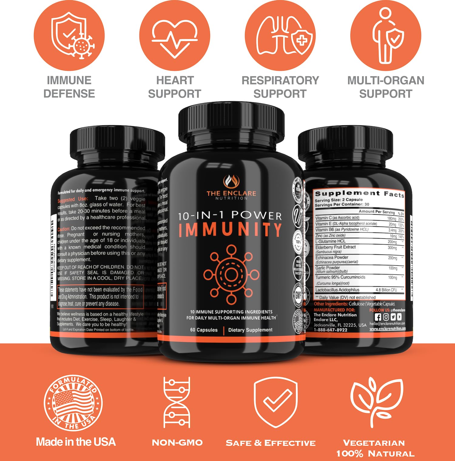 THE ENCLARE NUTRITION 10 in 1 Immune Support Booster Supplement with Echinacea, Vitamin C and Zinc, Turmeric, Ginger, B6, Elderberry for Adults Immunity Defense Vitamins, Made in USA Veg Cap 60 Ct (1) THE ENCLARE NUTRITION buy supplements Au
