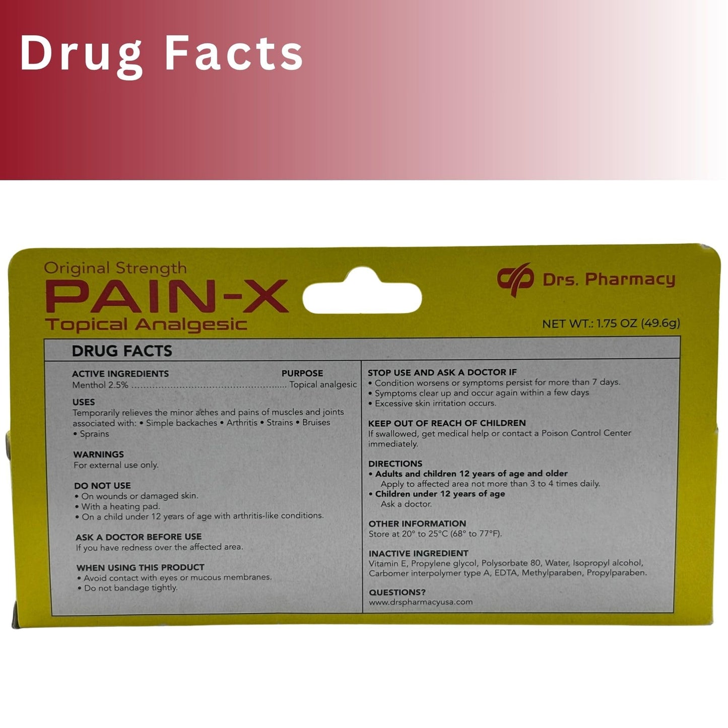Drs. Pharmacy Pain-X Menthol Cream – Targeted Muscle & Joint Relief – 1.75 oz, Made in USA Drs. PharmacyBuy Supplements Australia