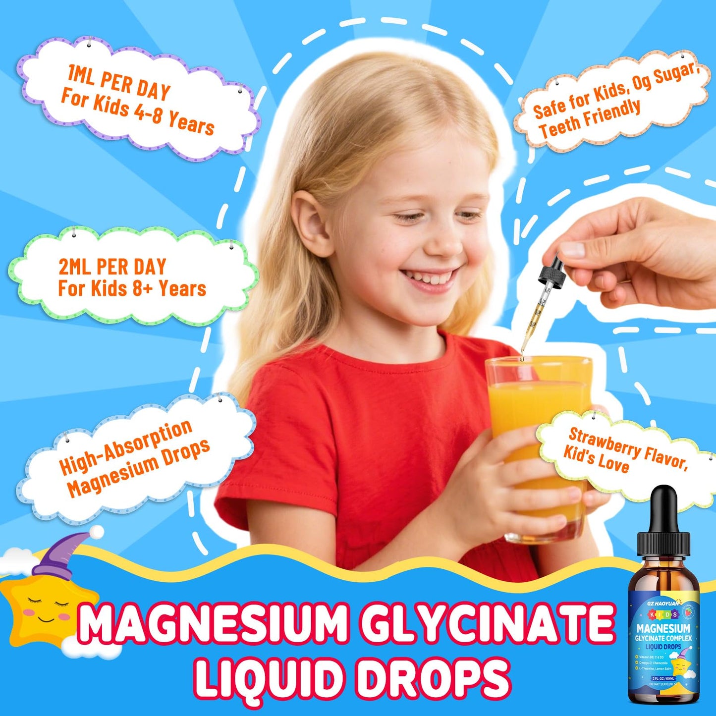 Kids Magnesium Glycinate Liquid Drops‌ – with L-Theanine, Omega-3, Vitamins B6 & D3, Zinc & Calcium – for Sleep Support, Relaxation, Focus & Brain, Bones – Strawberry Flavor, 2 Fl Oz GZ HAOYUANBuy Supplements Australia