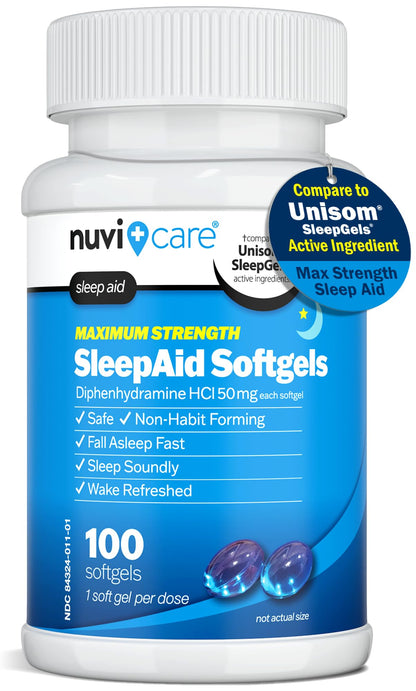 NUVICARE Maximum Strength SleepAid Soft Gels - Nighttime Sleep Aid with Diphenhydramine HCl 50mg - Non Habit Forming Sleeping Pills for Adults - Extra Strong OTC Sleep Aids for Adults (100 Count) NUVICARE buy supplements Au
