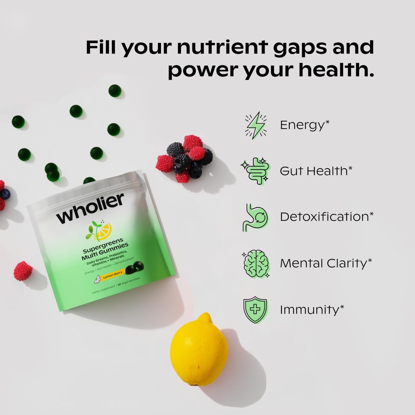 wholier Daily Supergreens Gummies, Greens Supplement with Prebiotics, Fiber, Adaptogens, Vegan Multivitamin, 9 Essential Vitamins + Minerals, 1g Sugar, 2 Gummy Serving (60 Gummies, 30 Day Supply) wholier buy supplements Au