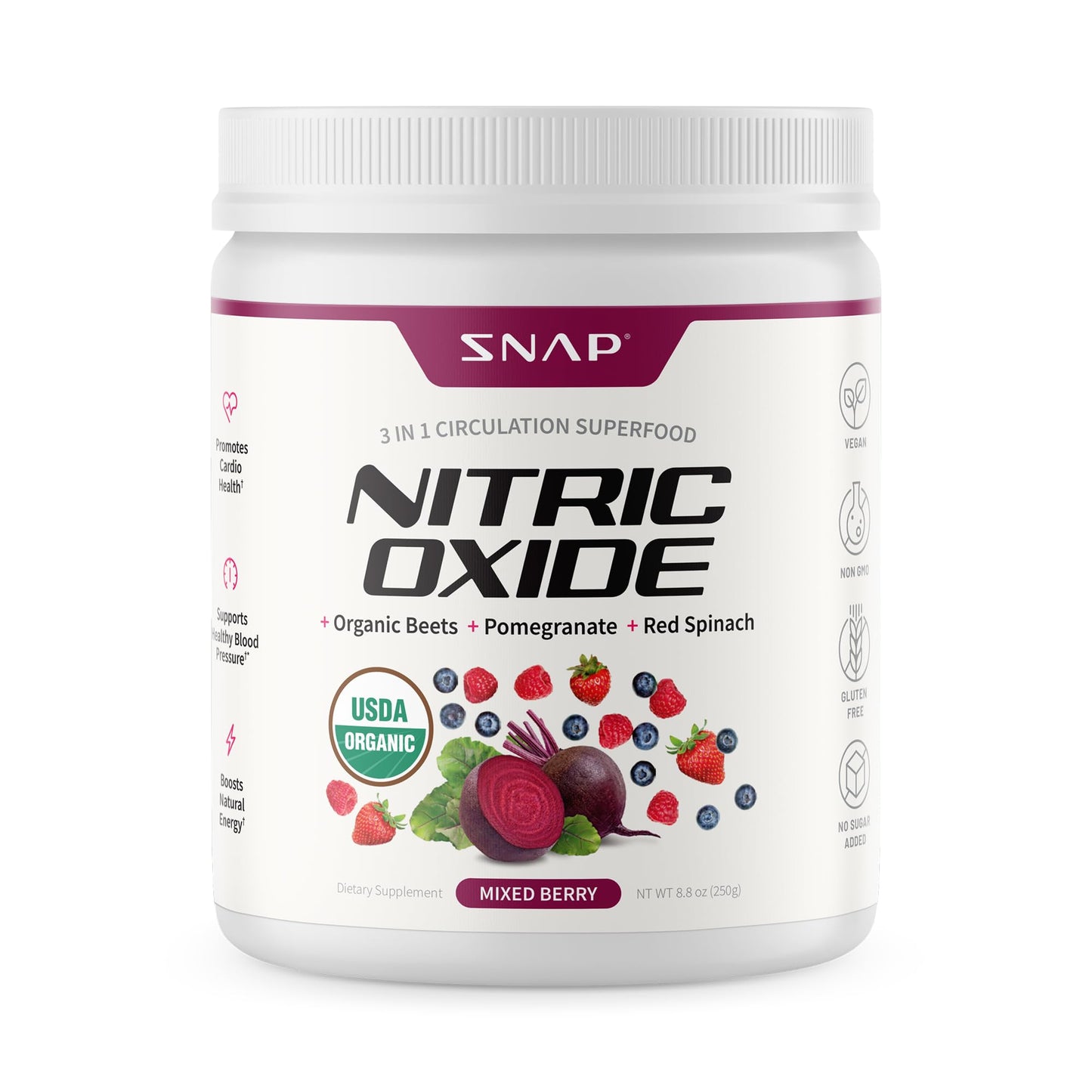 SNAP Nitric Oxide supplement container with mixed berry flavor on a white background