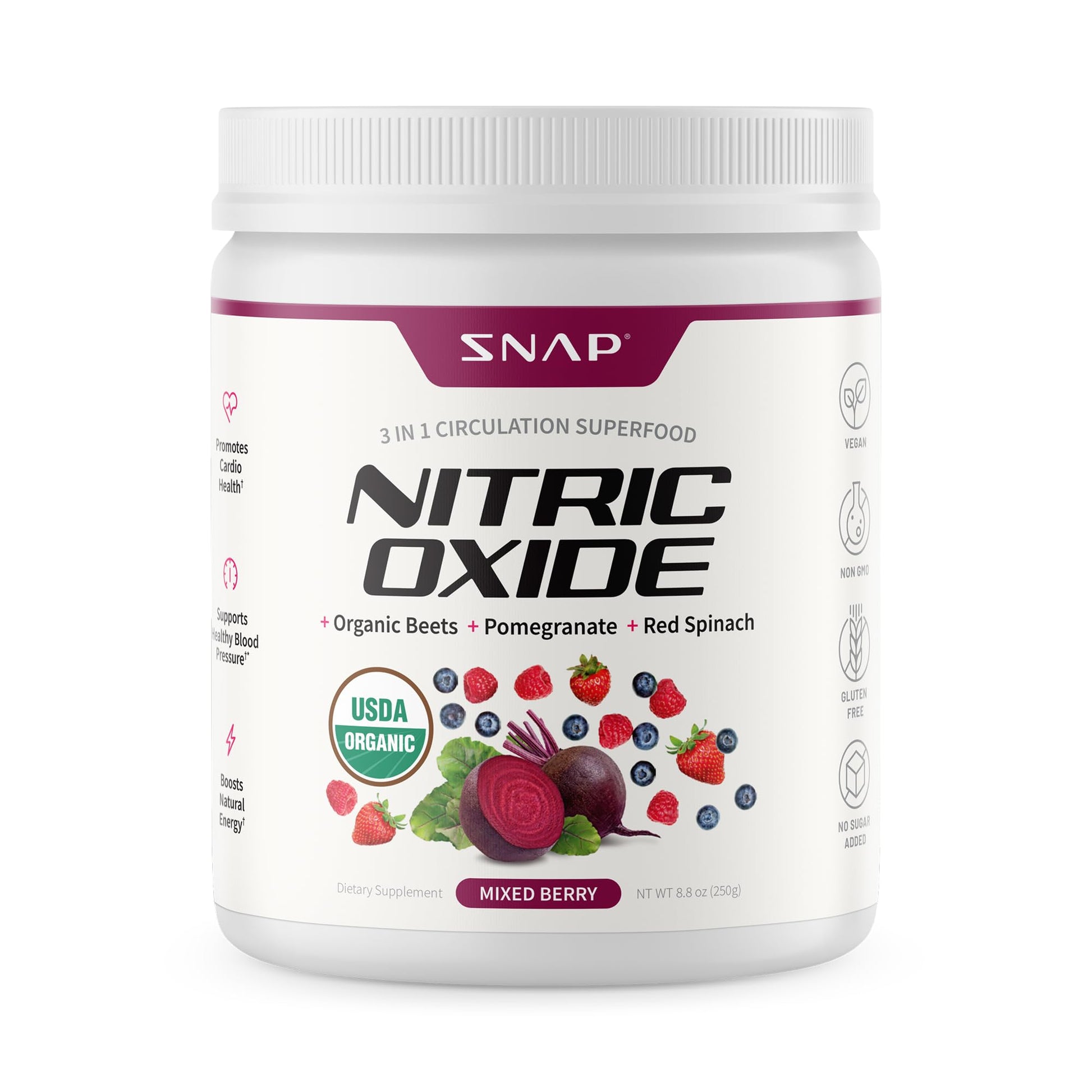 SNAP Nitric Oxide supplement container with mixed berry flavor on a white background