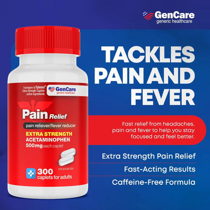 GenCare - Acetaminophen 500mg Extra Strength Pain Relief (300 Caplets) - Multi Symptom Pain Reliever for Headache, Sinus, Arthritis, Back Pain Muscle Ache, Toothache, Fever Reducer, Migraine GenCareBuy Supplements Australia