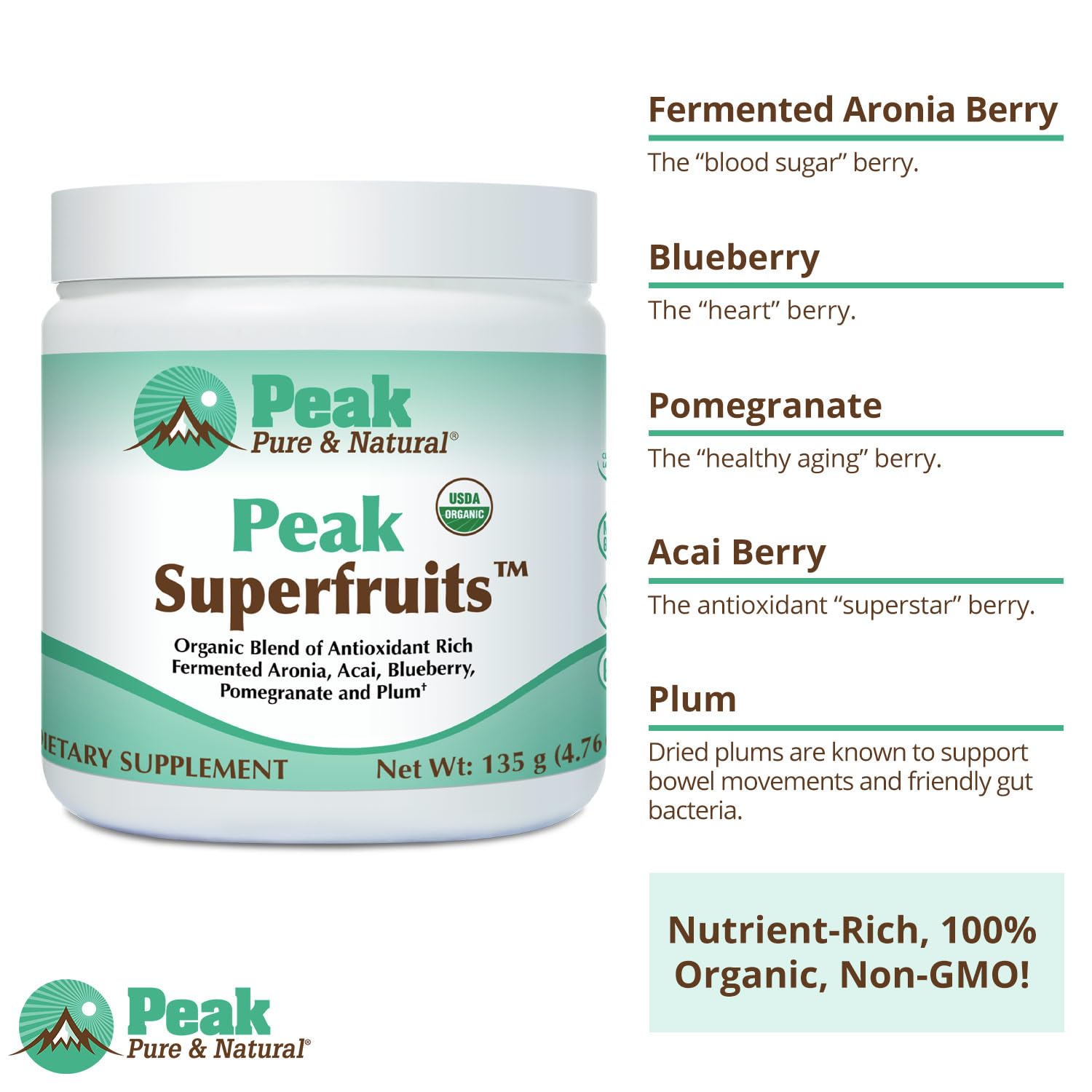 Peak Organic Superfruits - Polyphenol Rich Superfood Powder - Non-GMO Fermented Aronia Berry, Acai, Blueberry, Pomegranate, and Plum - Aging, Metabolic Health, Heart Health (30 Servings) Peak Pure & Natural buy supplements Au