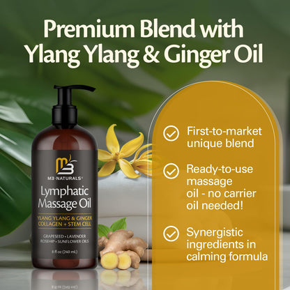 Lymphatic Massage Oil for Massage Therapy - Lymphatic Drainage Oil for Body Care Circulation & Detox Support with Ylang Ylang, Ginger, Lavender, Grapeseed, Vitamin E & Stem Cell (8 Fl Oz) by M3 M3 Naturals buy supplements Au