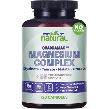 Bottle of Why Not Natural Magnesium Complex supplement on a white background