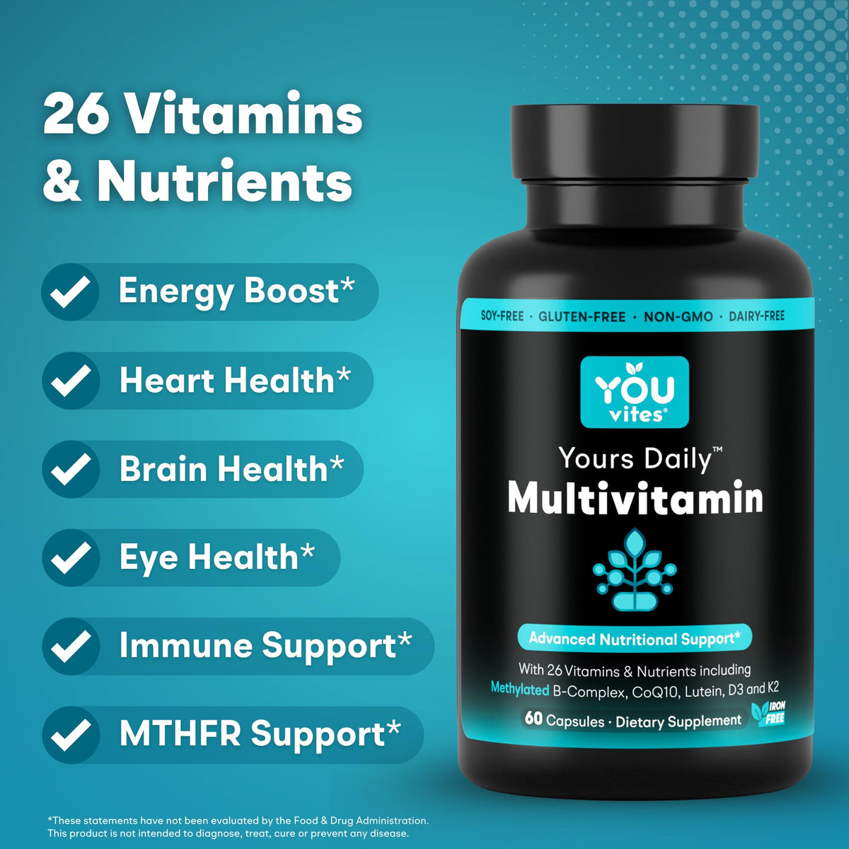 You Vites - Methylated Multivitamin for Men and Women, Methyl Multi Without Iron - 60 Capsules, MTHFR Supplement with Methyl B12, Methylfolate (5-MTHF), CoQ10 for Energy, Heart and Mood Support You Vites buy supplements Au