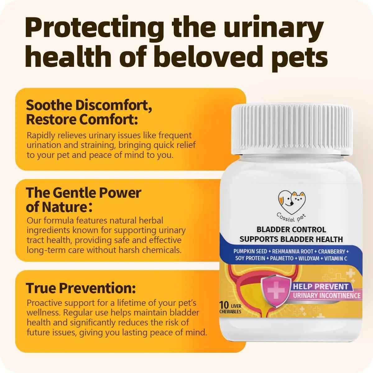 Cassiel Pet Bladder Supports Chews for Urinary Tract Health, Infection Treatments, Bladder Health, Dog UTI, Bladder Stones, Incontinence Support, Urinary Pain Relief for Cat & Dog 10 Chews (1 Bottle)