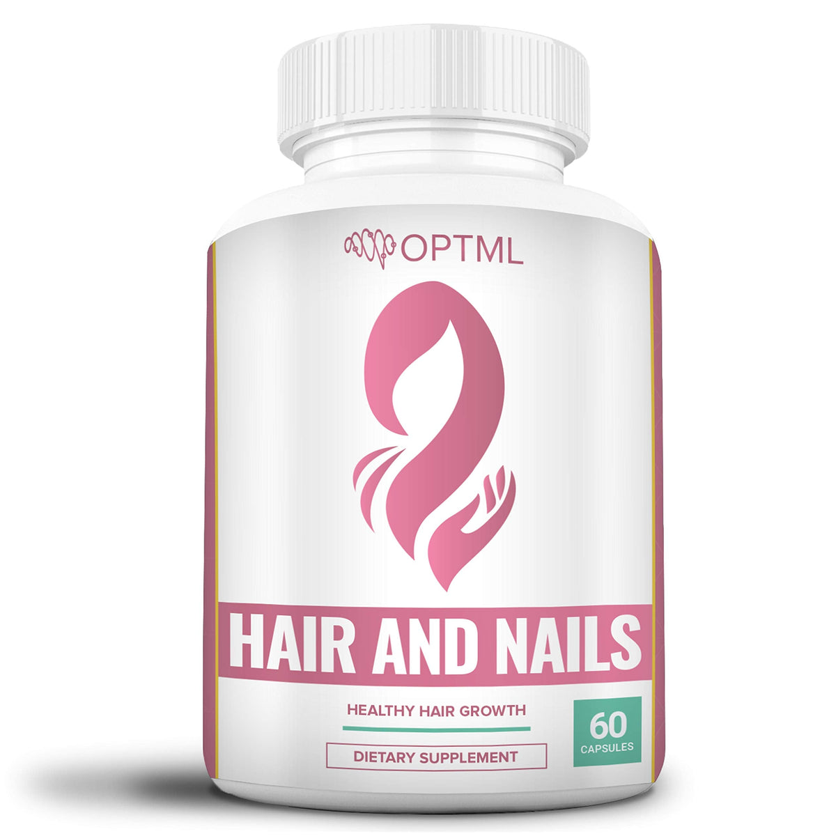 Supplement bottle for hair and nails with OPTML branding on a white background
