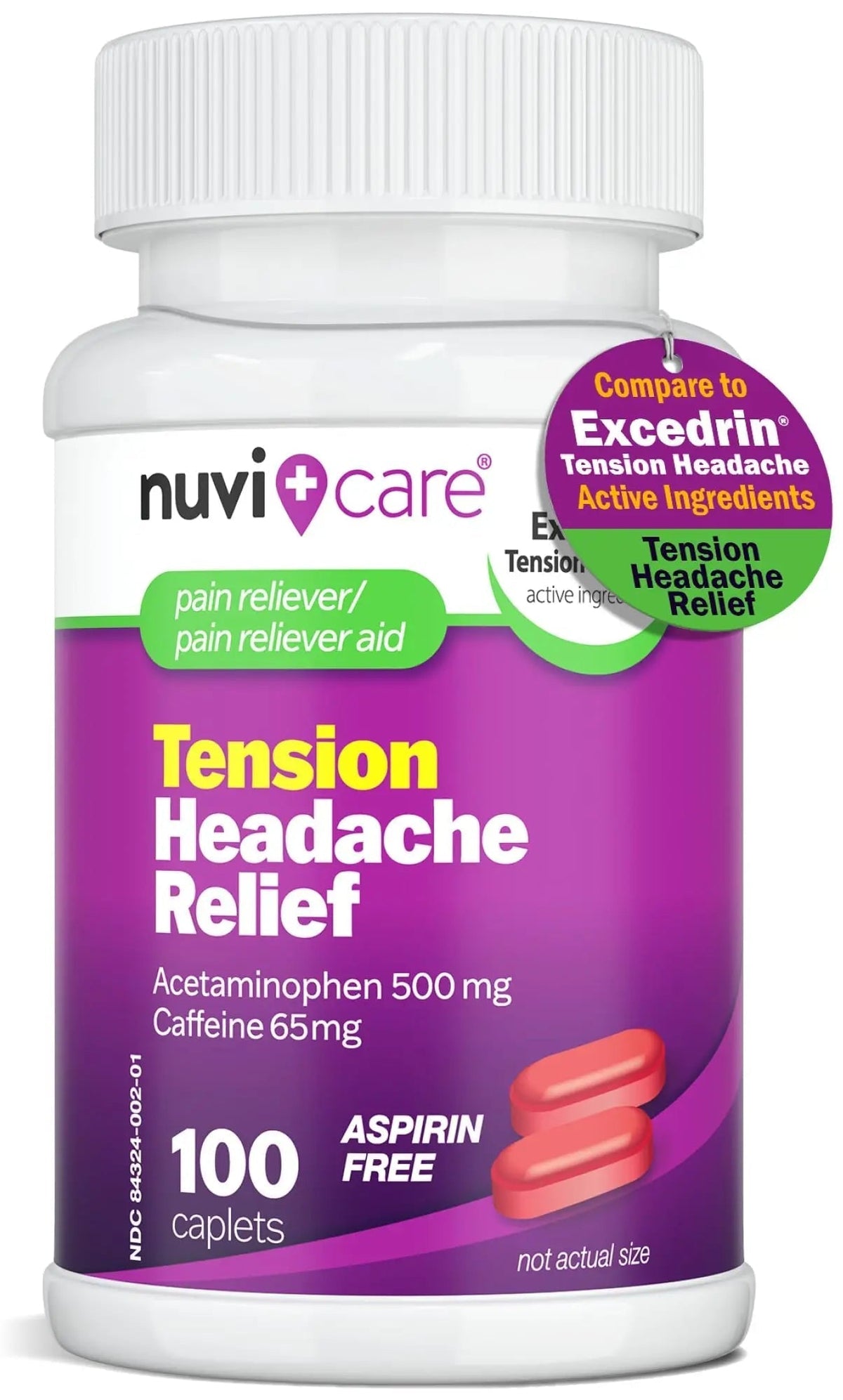 Nuvicare Tension Headache Relief Pills with 500mg Acetaminophen and 65mg Caffeine - Non Aspirin Pain Reliever Aid - Compare to Active Ingredient in Aspirin Free Excedrin Tension Headache (100 Caplets) NUVICAREBuy Supplements Australia