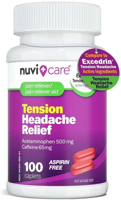 Nuvicare Tension Headache Relief Pills with 500mg Acetaminophen and 65mg Caffeine - Non Aspirin Pain Reliever Aid - Compare to Active Ingredient in Aspirin Free Excedrin Tension Headache (100 Caplets) NUVICAREBuy Supplements Australia