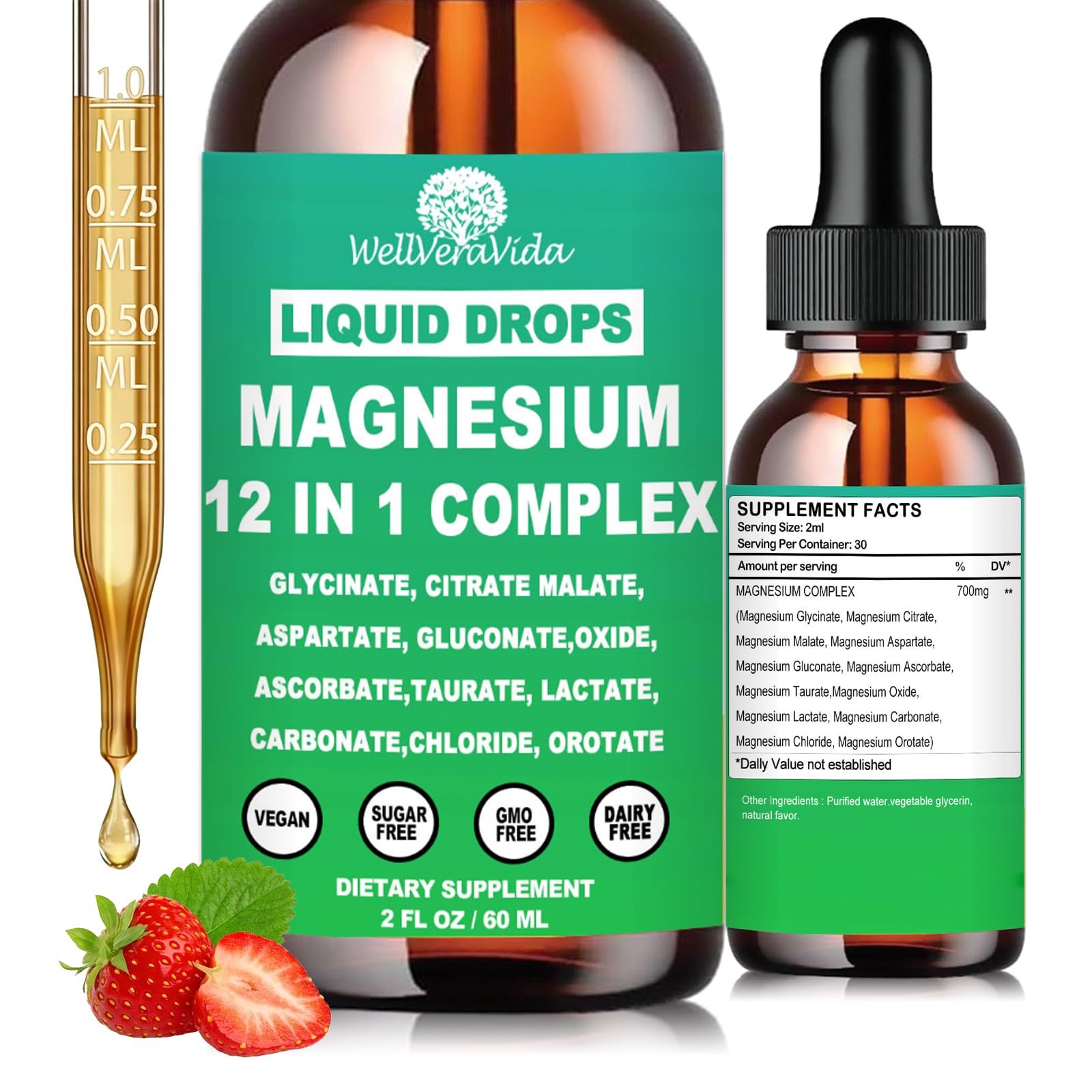 WellVervida magnesium liquid drops with a dropper and strawberries on a white background