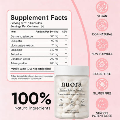 Nuora Gut Health Capsules with Berberine, Gut Biofilm Probiotic Ritual, Promotes Metabolism & Gut Health, Vegan, Non-GMO, for Women, 90 Capsule