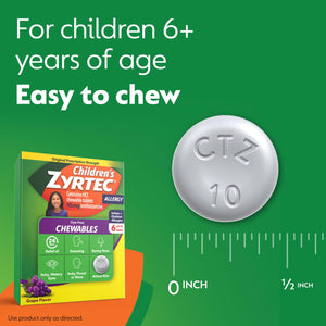 Zyrtec Children's Dye-Free Chewables for 24 Hour Allergy Relief, 10 mg Cetirizine Hydrochloride Antihistamine Tablets, Kids Allergy Medicine Relieves Sneezing & Itchy Throat, Grape, 48 ct Zyrtec buy supplements Au