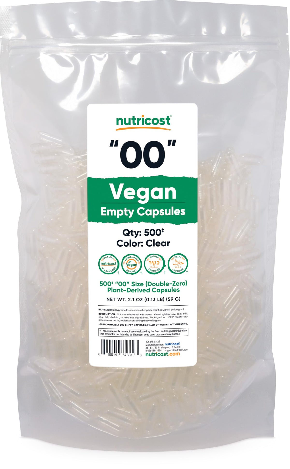 Nutricost Vegan Empty Capsules package with clear capsules inside