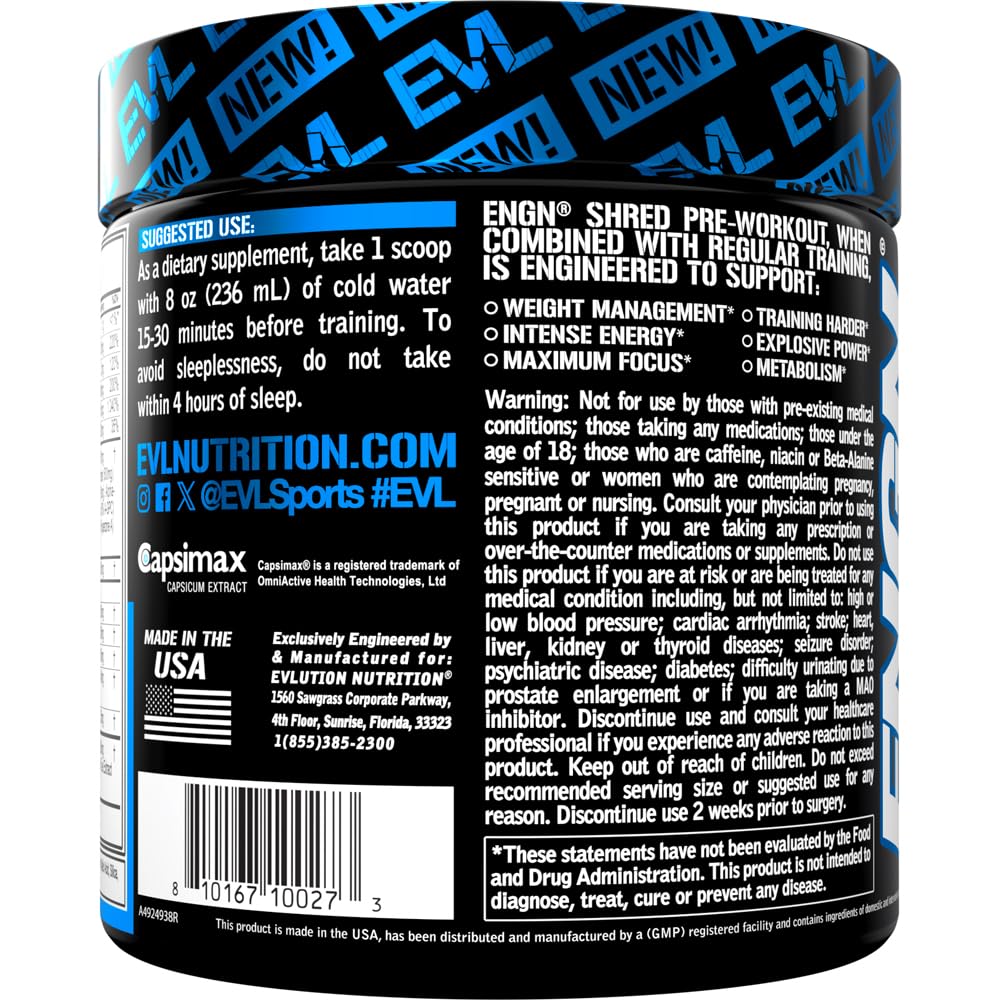 EVL Ultimate Pre Workout Powder - Thermogenic Fat Burner Preworkout Powder Drink for Lasting Energy Focus and Stamina - ENGN Shred Intense Fat Burning Creatine Free Preworkout Drink - Cherry Limeade