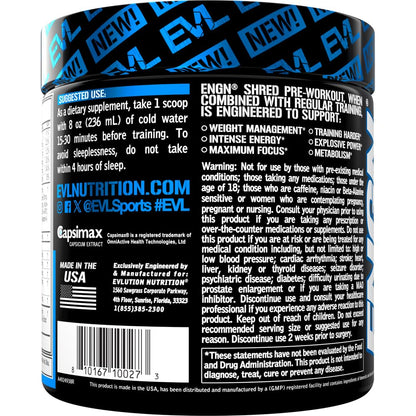 EVL Ultimate Pre Workout Powder - Thermogenic Fat Burner Preworkout Powder Drink for Lasting Energy Focus and Stamina - ENGN Shred Intense Fat Burning Creatine Free Preworkout Drink - Cherry Limeade