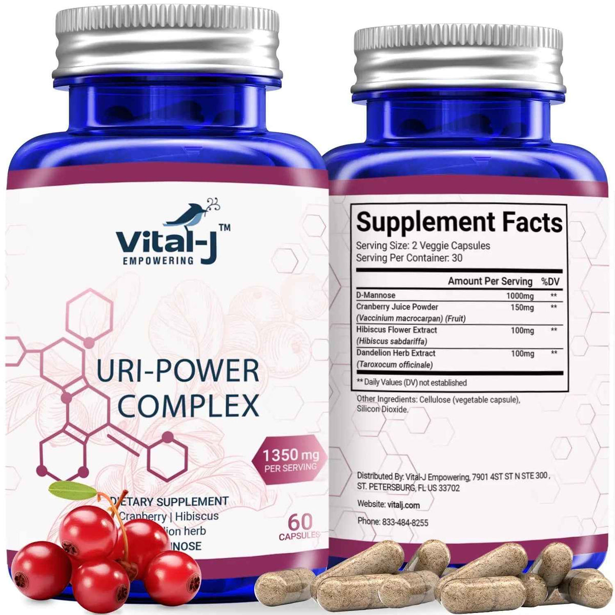 4-IN-1 URI POWER COMPLEX 1350mg - D Mannose, Cranberry, Hibiscus, and Dandelion Herb - Naturally Cleanse the Bladder and Urinary Tract 60 capsules – Specialized Approach for UTI Avoidance