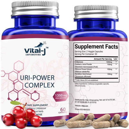 4-IN-1 URI POWER COMPLEX 1350mg - D Mannose, Cranberry, Hibiscus, and Dandelion Herb - Naturally Cleanse the Bladder and Urinary Tract 60 capsules – Specialized Approach for UTI Avoidance