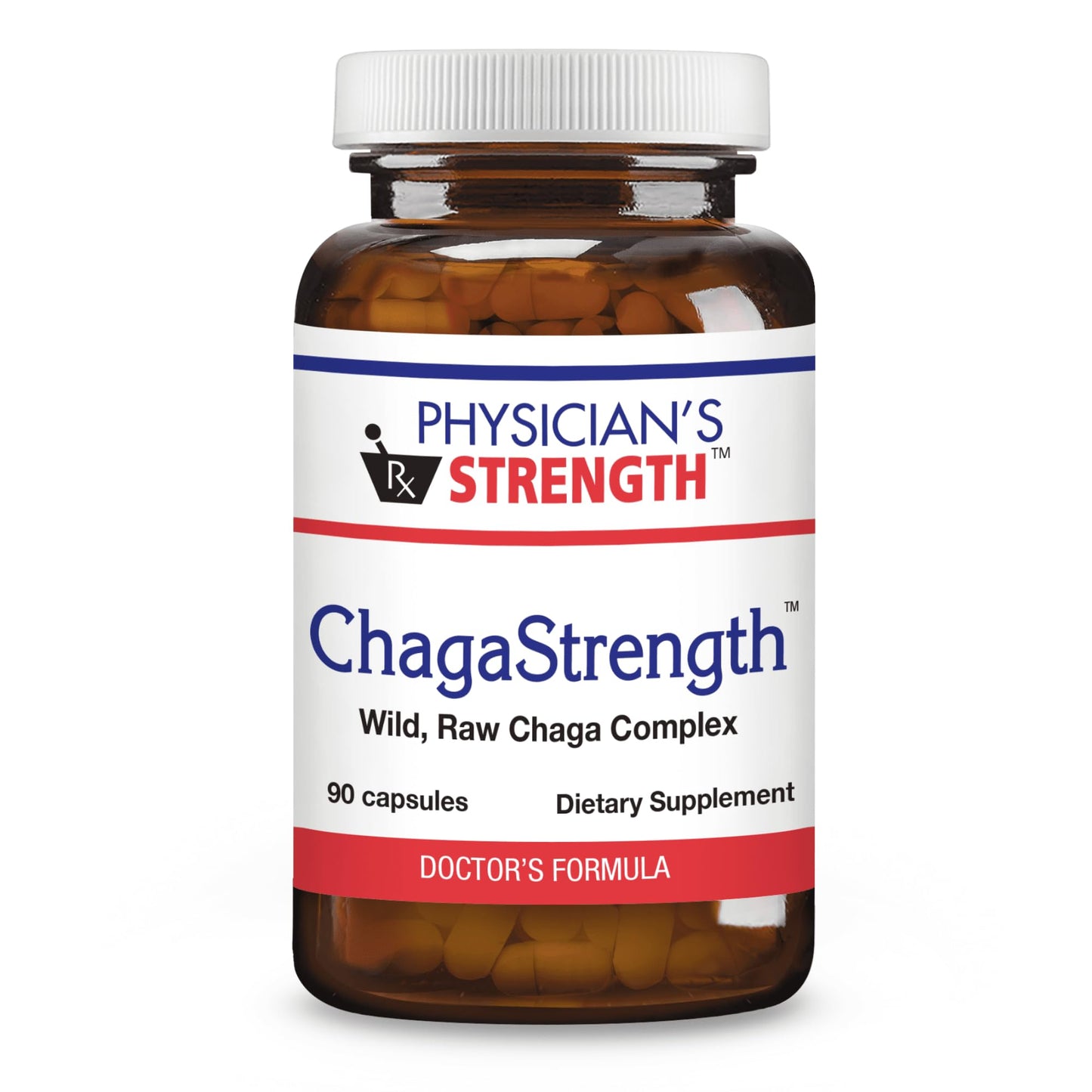 Bottle of Physician's Strength ChagaStrength dietary supplement on a white background