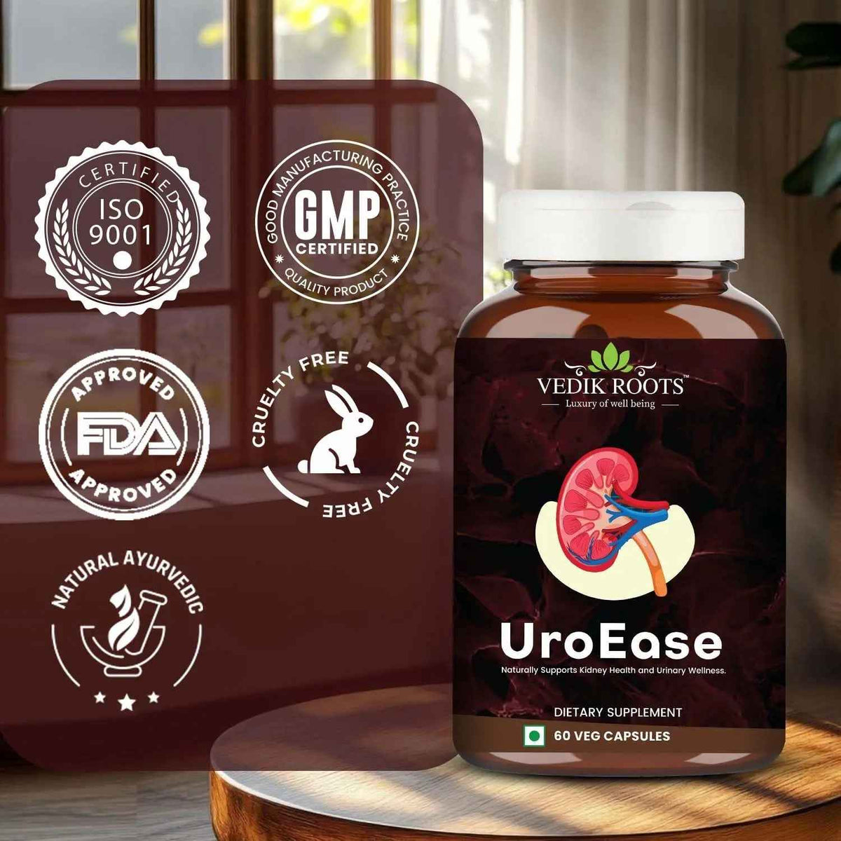 VEDIKROOTS UroEase | Ayurvedic Herbal Supplement for Kidney Health & Uric Acid Levels | Supports Urinary Tract Health | 60 Veg Capsules