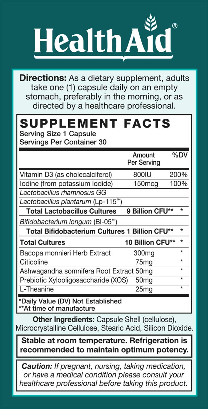FocusProbio for Adults – 10 Billion CFU Probiotic with Prebiotic, Bacopa, Citicoline, L‑Theanine, Ashwagandha & Vitamin D₃ | Supports Focus, Mood & Gut-Brain Balance – Vegetarian, Once Daily HealthAid buy supplements Au