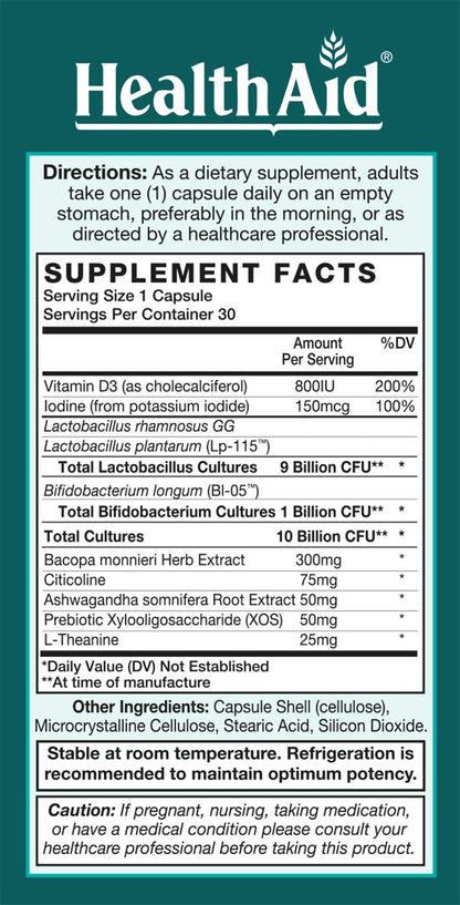 FocusProbio for Adults – 10 Billion CFU Probiotic with Prebiotic, Bacopa, Citicoline, L‑Theanine, Ashwagandha & Vitamin D₃ | Supports Focus, Mood & Gut-Brain Balance – Vegetarian, Once Daily HealthAid buy supplements Au