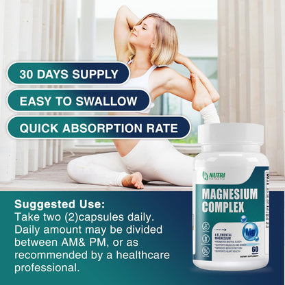 Magnesium Complex for Women&Men,With Glycinate Malate Citrate Taurate.Support for Sleep,Stress Relief,Cognitive Function,Magnesium Supplement 500mg,Third-Party Tested(Made & Tested in USA)-60 Capsules NUTRI POTENTIA buy supplements Au