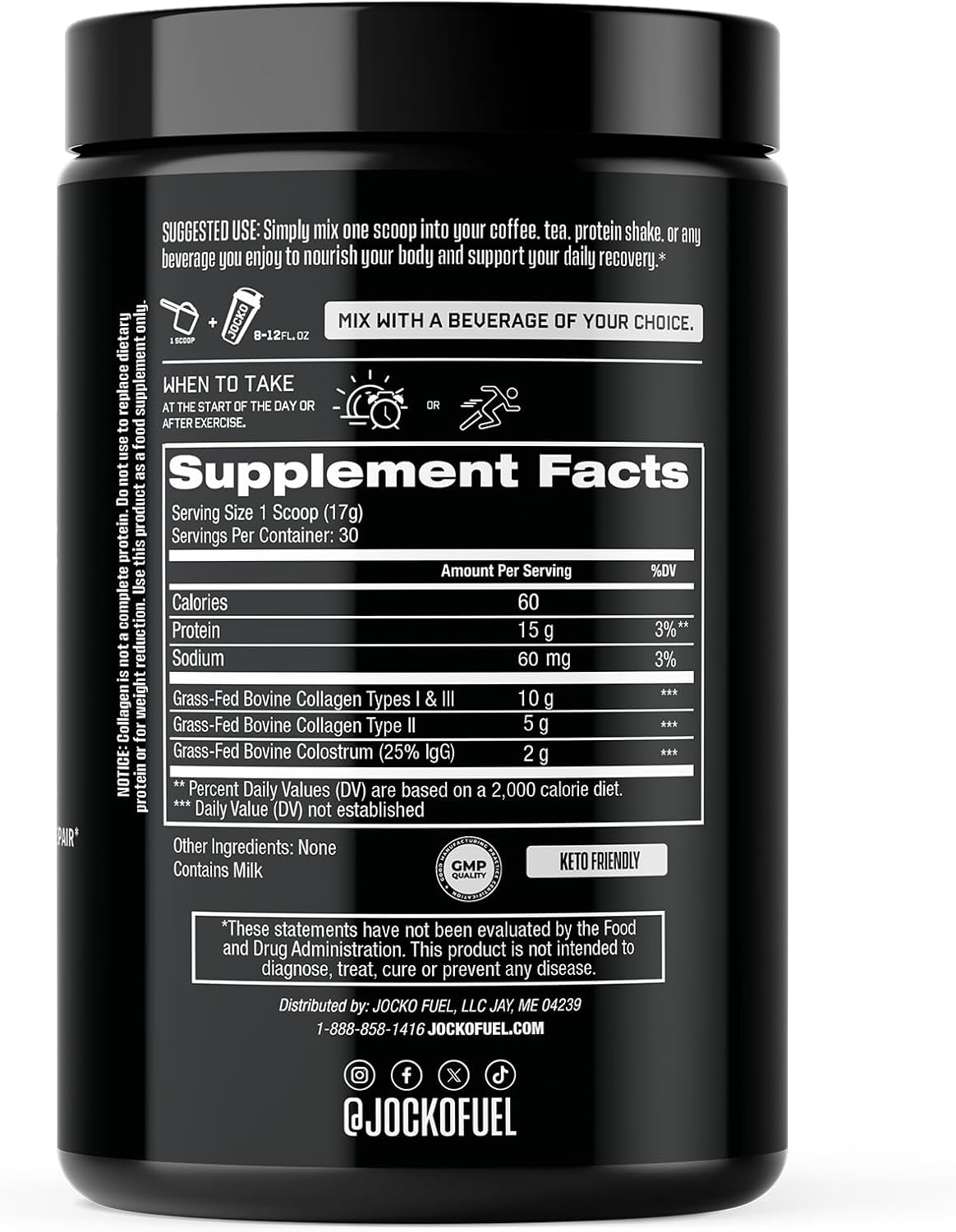 Jocko Fuel Collagen Powder with Colostrum – 15g Hydrolyzed Collagen + 2g First-Milking Colostrum – Dual Action for Gut Health, Joint Support, and Immune Defense – Recovery Supplement (30 Servings)