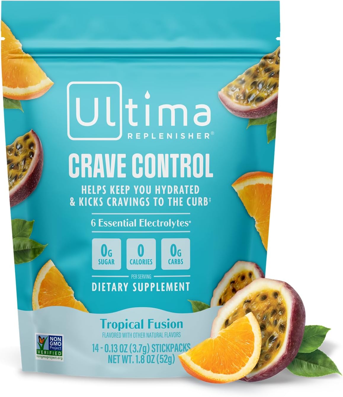 Ultima Replenisher Crave Control Supplement, Tropical Fusion, 14 Stickpacks | Daily Zero Sugar Electrolyte Powder Hydration Packets with 6 Key Electrolytes & Chromax to Help Curb Cravings - Keto Friendly