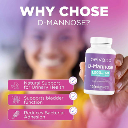 Pelvana D-Mannose 120 Capsules (500mg Each) – 1000mg per Serving – Assists & Maintains Healthy Urinary Tract, Flushes Impurities, Pure Ingredients, Gluten-Free – Third-Party Lab Tested, Made in USA