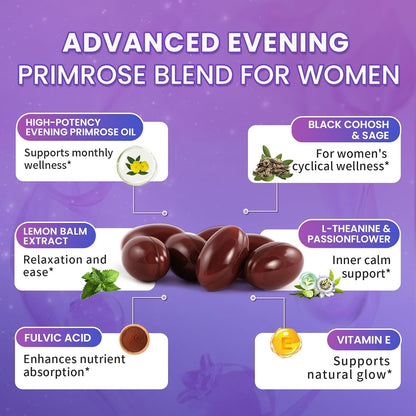 Evening Primrose Oil 1000mg - Hormone Balance for Women & Mood | Primrose Oil Capsules Cold-Pressed w/10% GLA, Essential Fatty Acids, L-Theanine for Mood, Skin & Immune, 90 Softgels