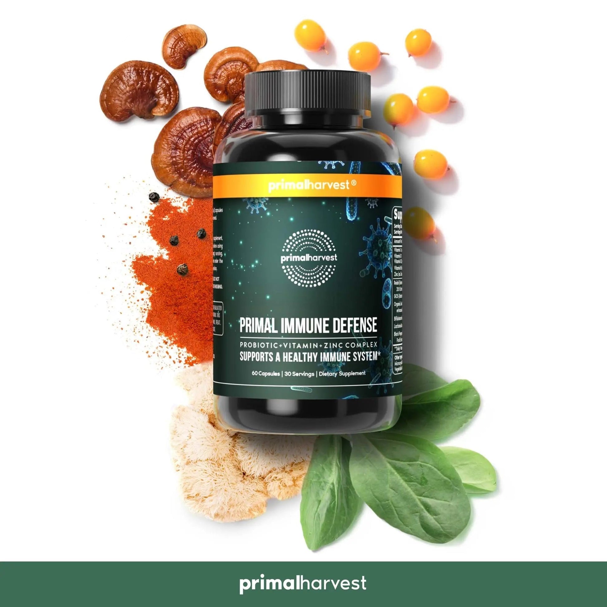 Primal Harvest Immune Defense 10-in-1 Supplement with Probiotics, Zinc, and Vitamins C, D3, K2, B6 Daily Immune Support for Adults Primal Harvest