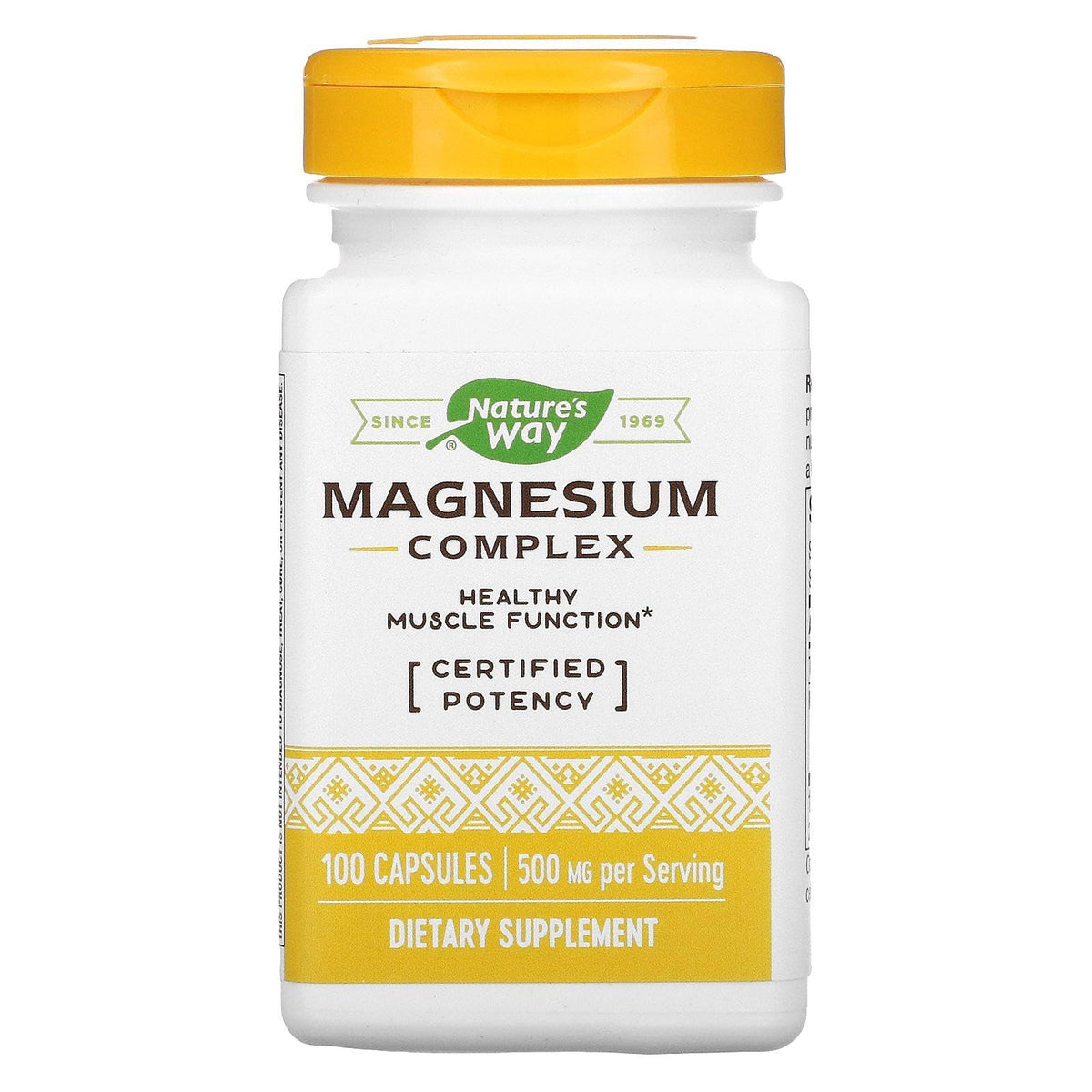 Nature's Way Magnesium Complex dietary supplement bottle with yellow cap and label on a white background