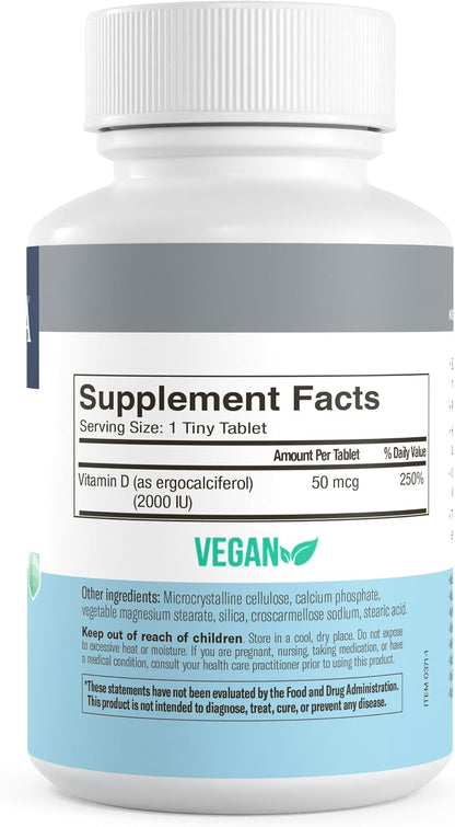 FREEDA Vitamin D2 2000 IU for Bone & Immune Support – Vegan, 100 Tablets | Supports Bone, Teeth & Muscle Function, Tiny Easy-to-Swallow Tablets, Ergocalciferol Supplement, Kosher, Made in USA