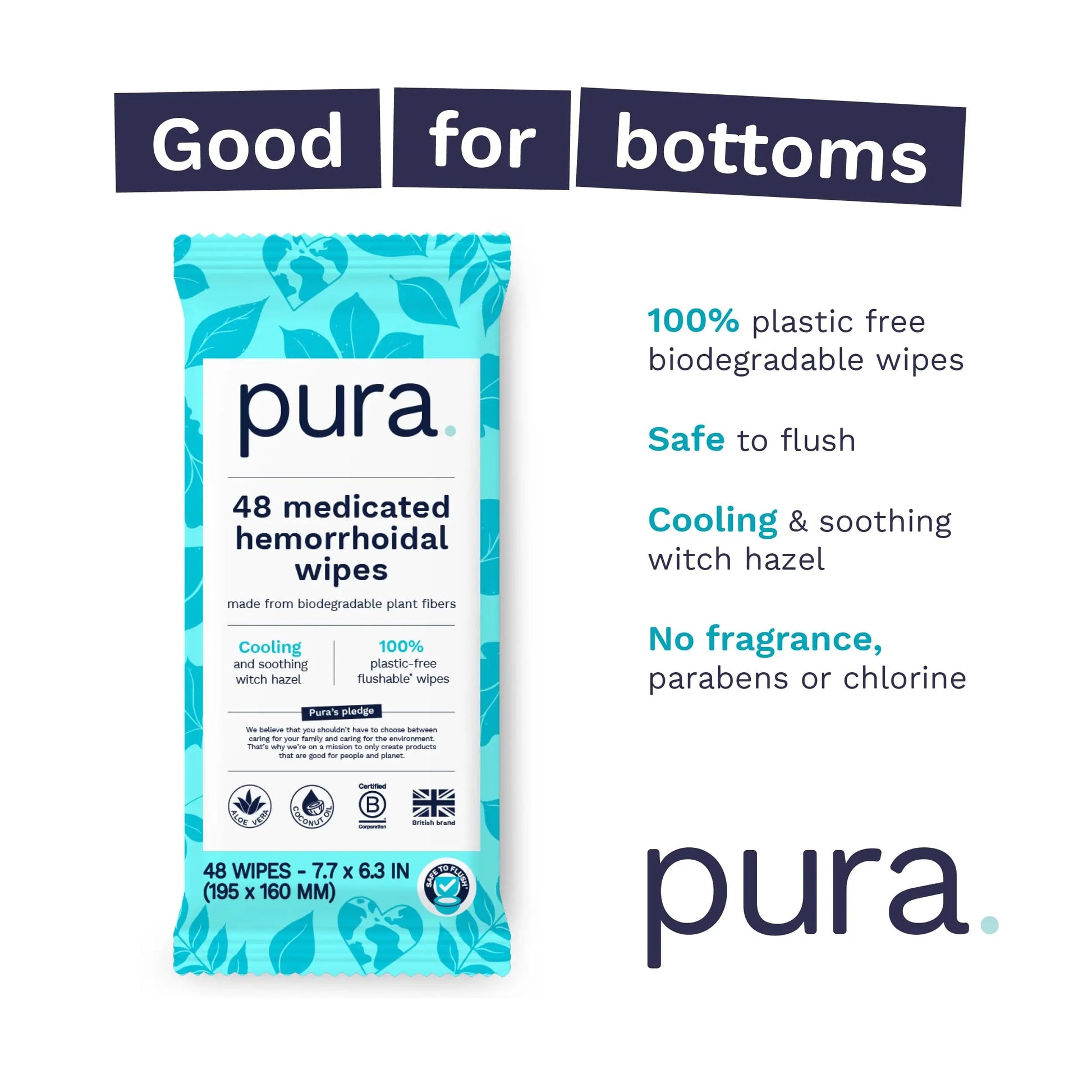 Pura Flushable Hemorrhoid Wipes XL, 48 Count, Medicated with Cooling Witch Hazel, Aloe & Coconut Oil, Fast Relief, Fragrance-Free, 100% Plastic-Free PuraBuy Supplements Australia