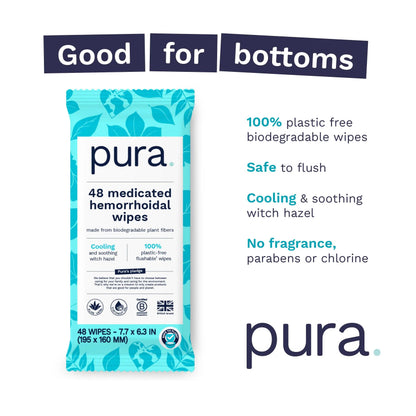 Pura Flushable Hemorrhoid Wipes XL, 48 Count, Medicated with Cooling Witch Hazel, Aloe & Coconut Oil, Fast Relief, Fragrance-Free, 100% Plastic-Free PuraBuy Supplements Australia
