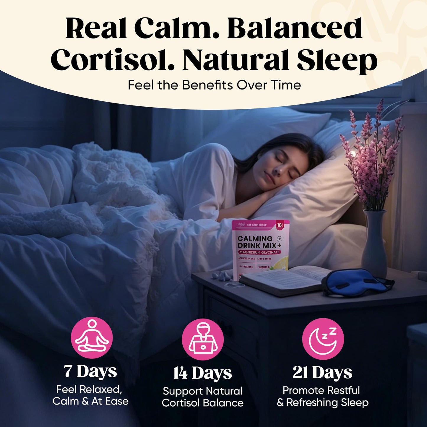 Venture Pal Calm Drink Mix, 12-in-1 Cortisol Reducer & Sleep Aid | Magnesium Glycinate, Ashwagandha, L-Theanine & Vitamin D, Calm Magnesium Powder for Relax & Focus, No Sugar, Non GMO