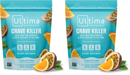 Ultima Replenisher Crave Killer Supplement, Tropical Fusion, 14 Stickpacks | Daily Zero Sugar Electrolyte Powder Hydration Packets with 6 Key Electrolytes & Chromax to Help Curb Cravings - Keto Friendly
