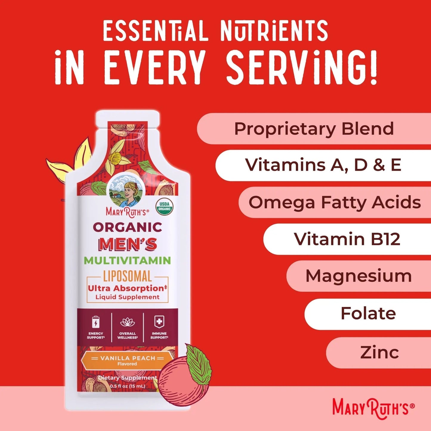 MaryRuth Organics Multivitamin for Men | USDA Organic | Sugar Free Mens Multivitamin Liposomal | Liquid Vitamins for Men | MARYRUTH'S