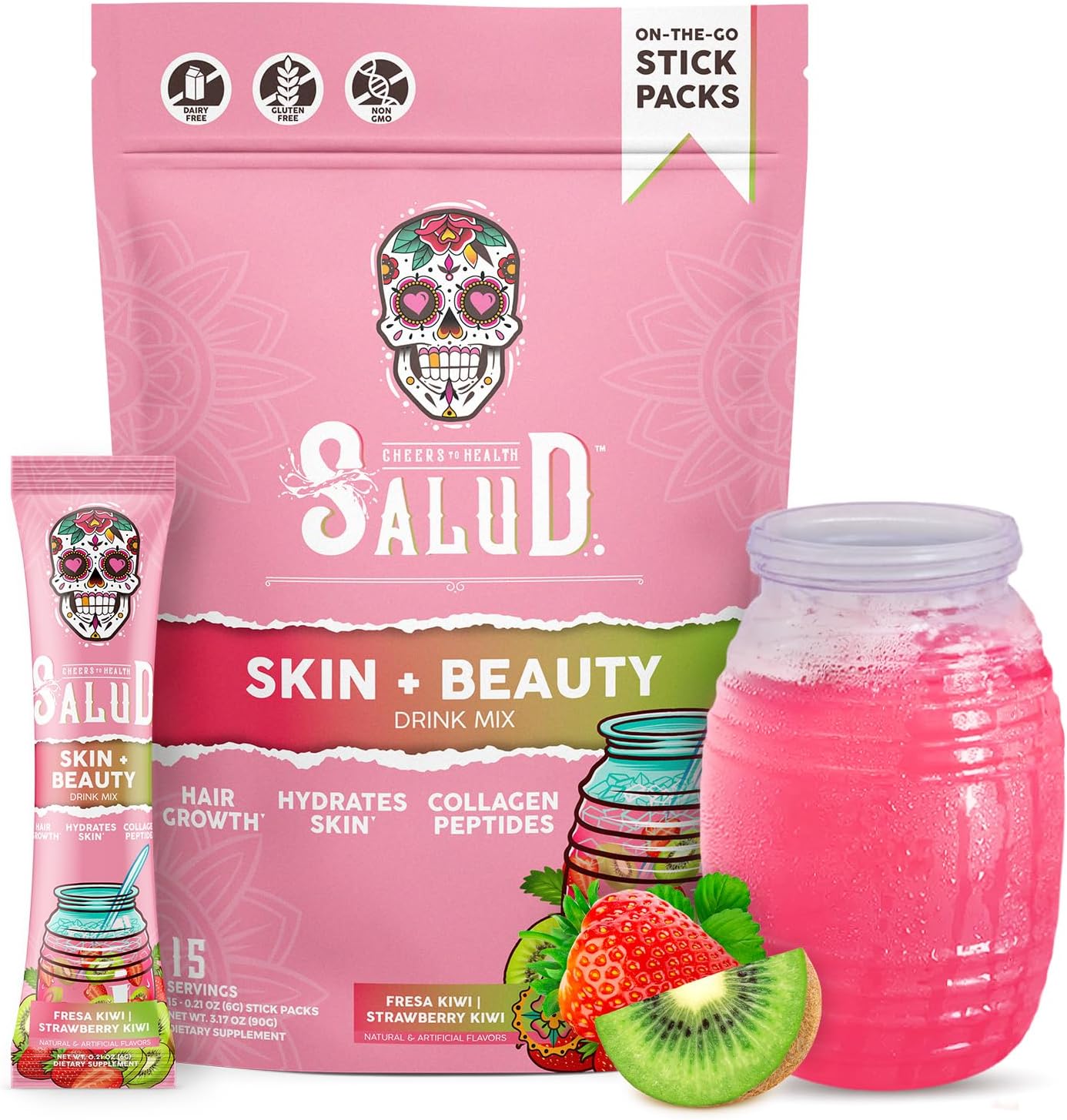 Salud 2-in-1 Skin + Beauty Drink Mix, Strawberry Kiwi | Collagen Peptides with Verisol, Hyaluronic Acid, Vitamin C, Biotin + Lustriva, Hydration Sticks, Gluten Free (15 Servings)