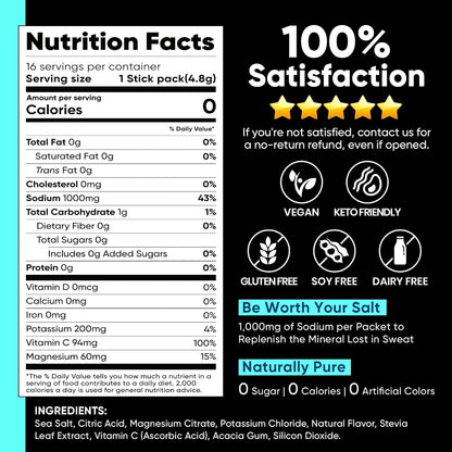 Venture Pal High Sodium Sugar-Free Electrolytes Powder Packets, 16 Sticks | Hydration Packets with Sodium, Potassium & Magnesium, Zero Calories, Keto, Vegan, and Paleo Friendly